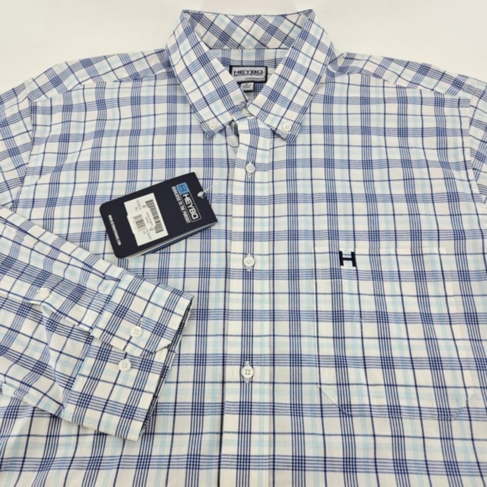 Heybo Men XL Shirt NWT Blue White Plaid Long Sleeve Button Down Stretch